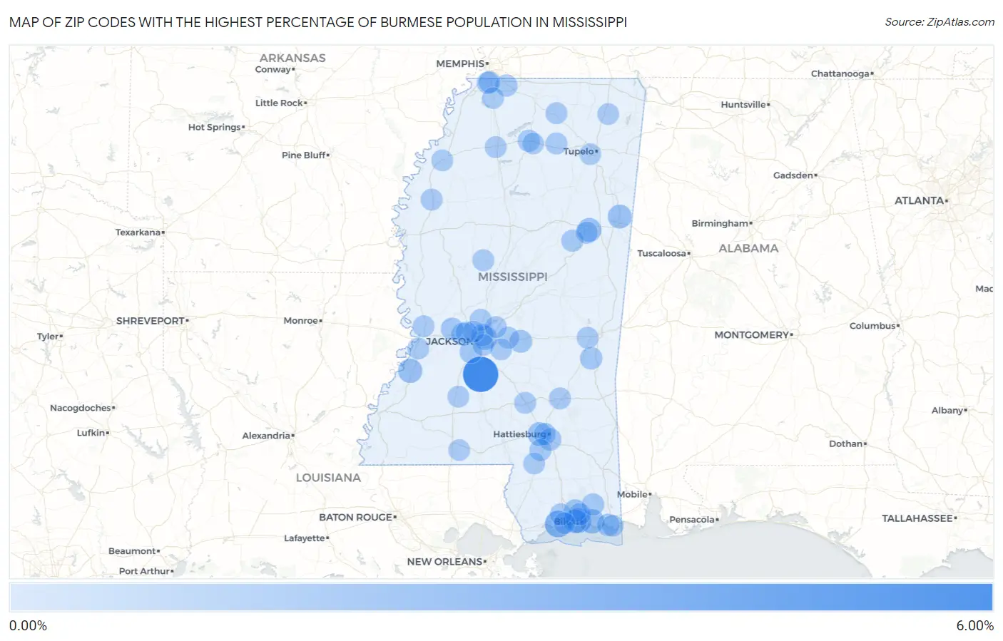 Zip Codes with the Highest Percentage of Burmese Population in Mississippi Map