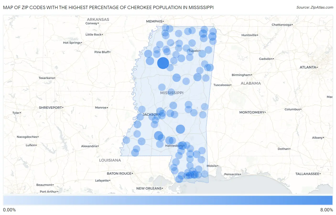 Zip Codes with the Highest Percentage of Cherokee Population in Mississippi Map