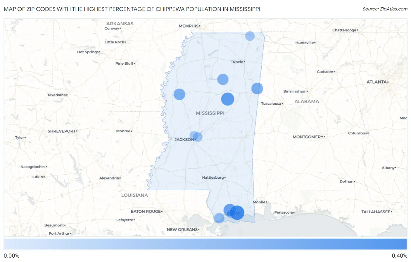 Zip Codes with the Highest Percentage of Chippewa Population in Mississippi Map