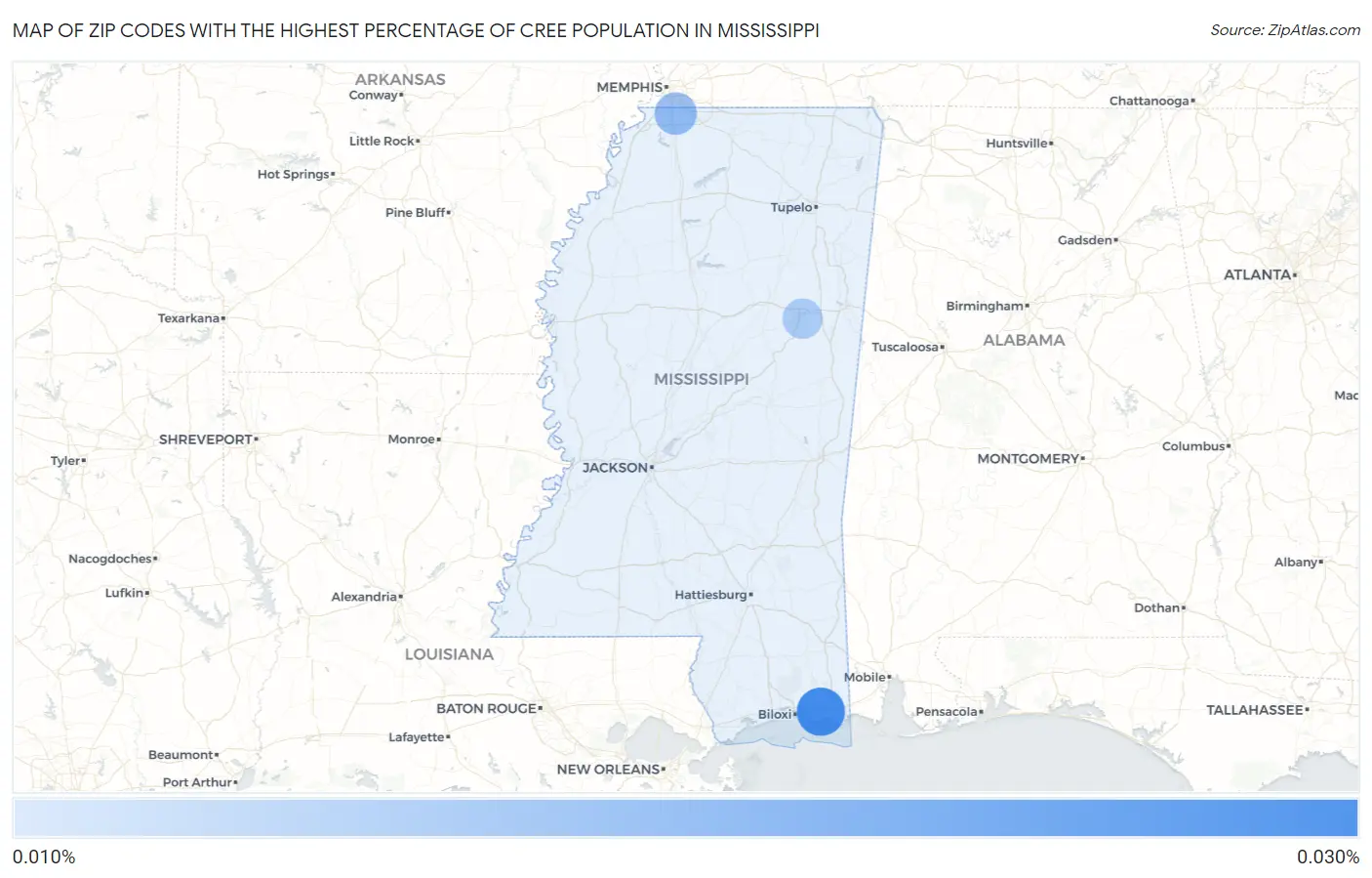 Zip Codes with the Highest Percentage of Cree Population in Mississippi Map