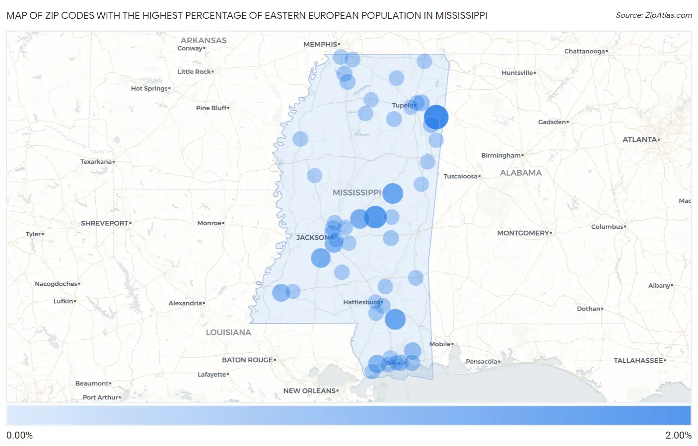 Zip Codes with the Highest Percentage of Eastern European Population in Mississippi Map