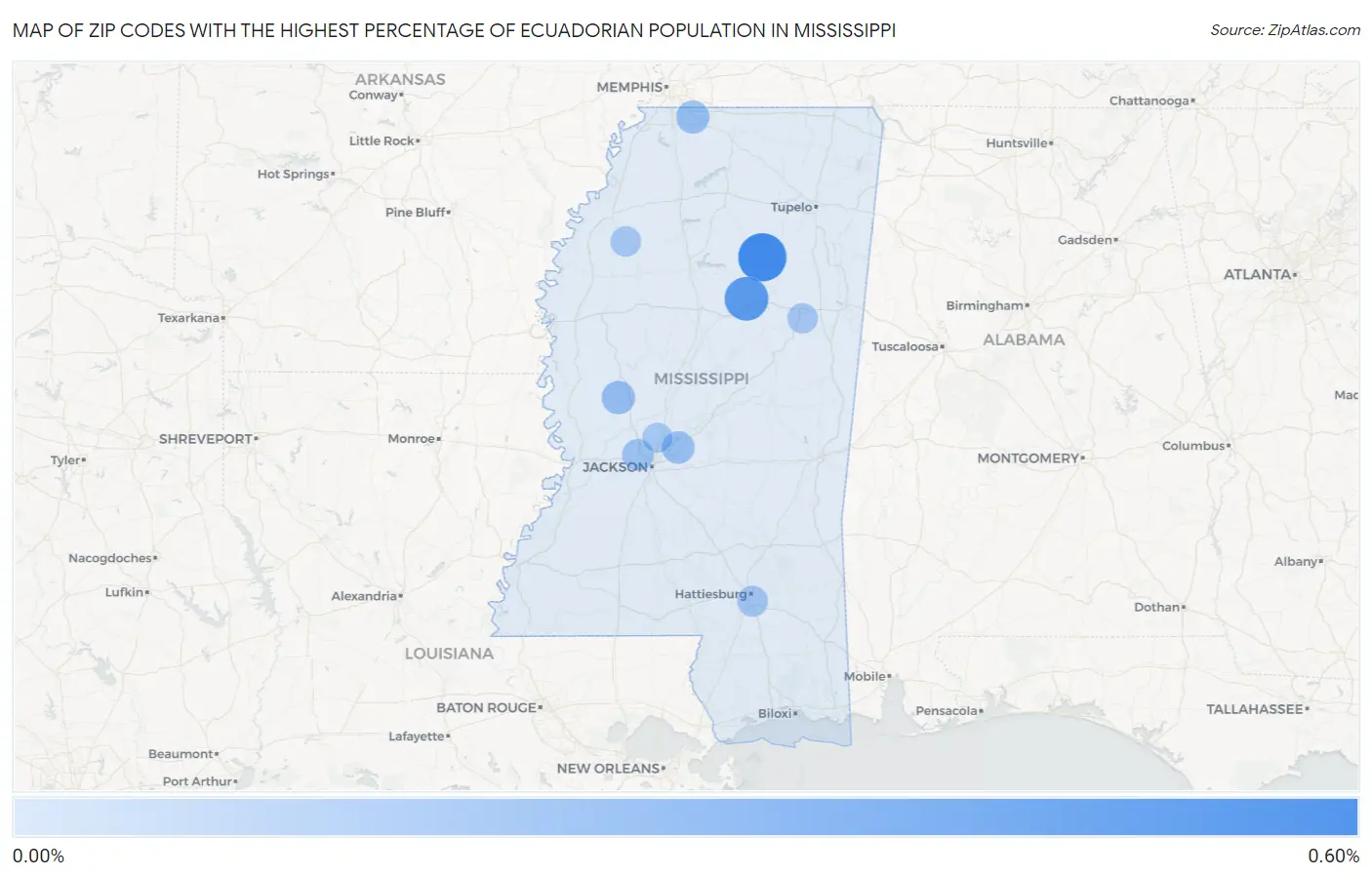 Zip Codes with the Highest Percentage of Ecuadorian Population in Mississippi Map