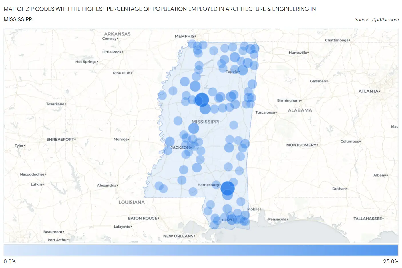 Zip Codes with the Highest Percentage of Population Employed in Architecture & Engineering in Mississippi Map