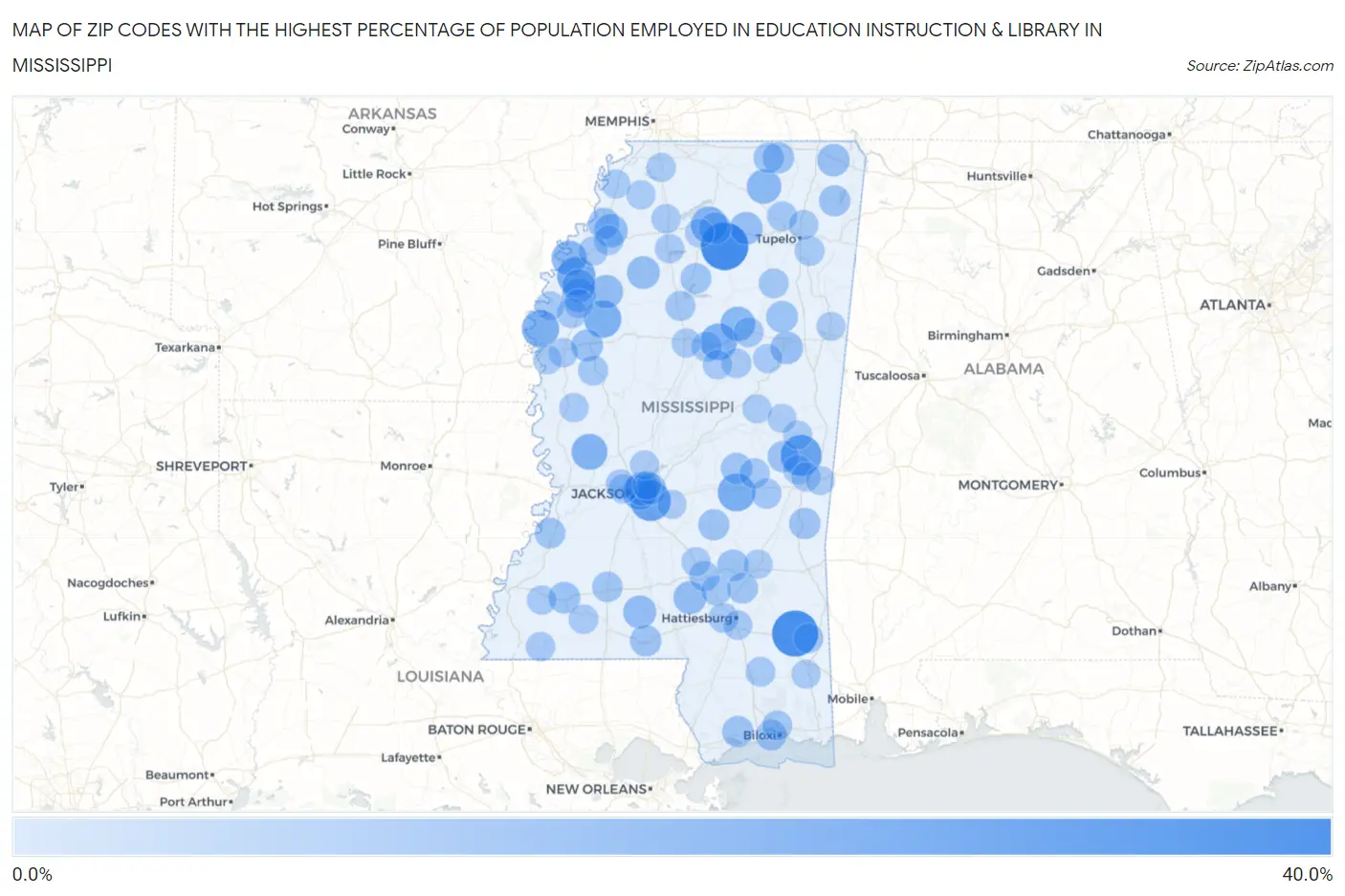 Zip Codes with the Highest Percentage of Population Employed in Education Instruction & Library in Mississippi Map