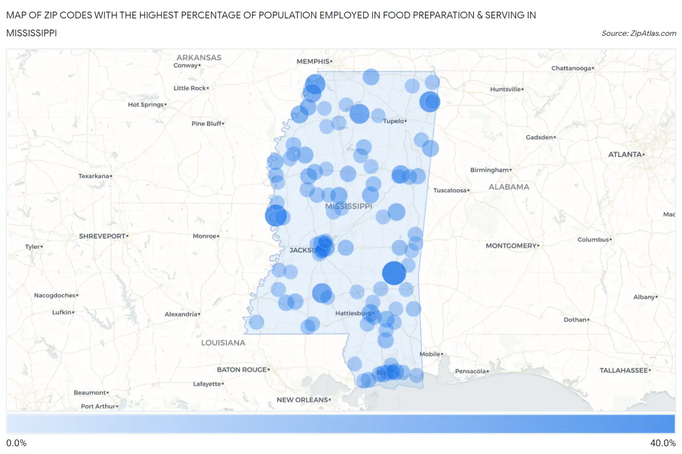 Zip Codes with the Highest Percentage of Population Employed in Food Preparation & Serving in Mississippi Map