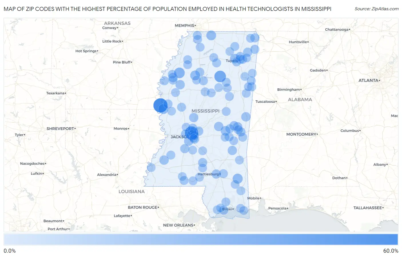 Zip Codes with the Highest Percentage of Population Employed in Health Technologists in Mississippi Map
