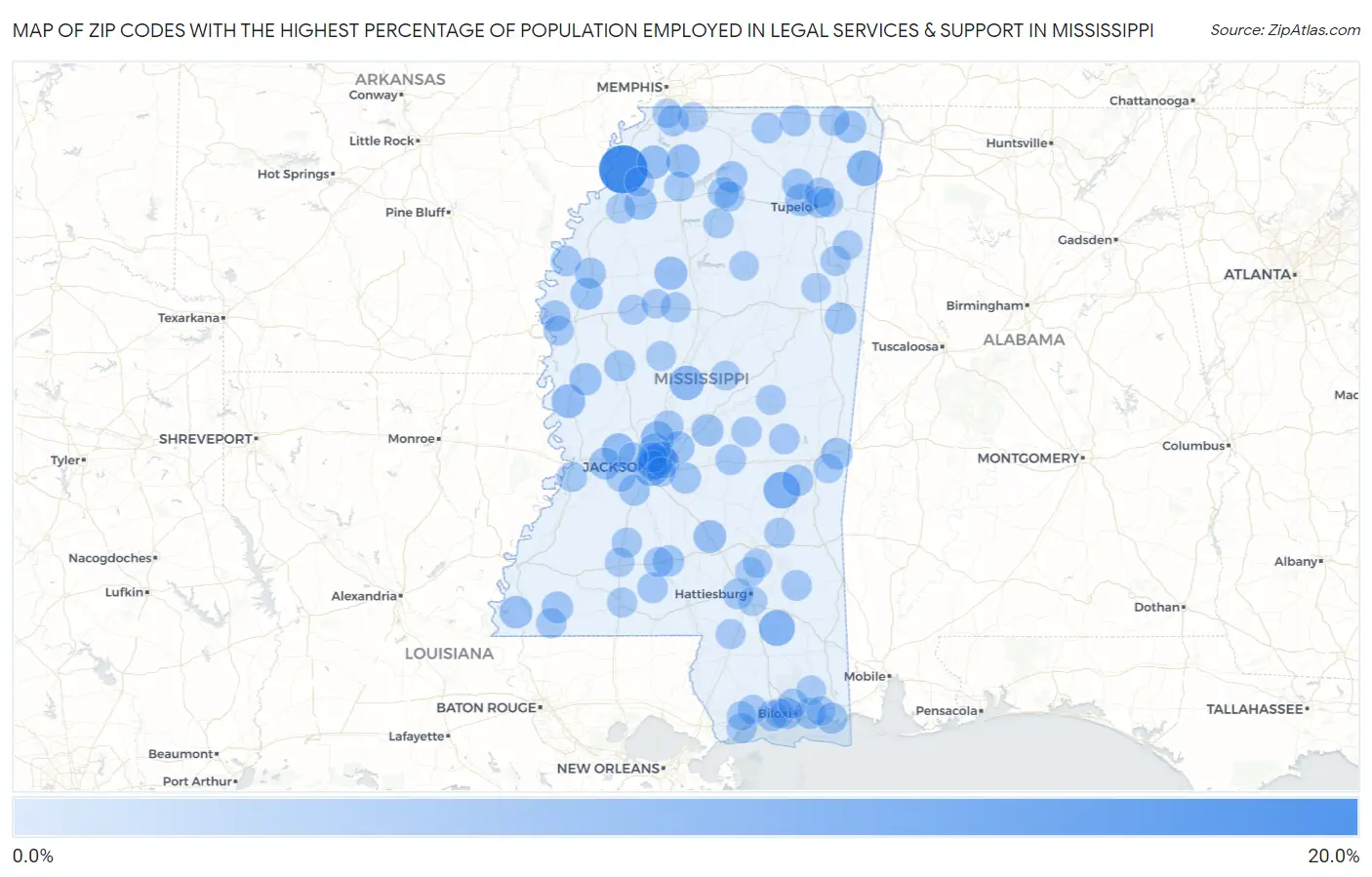 Zip Codes with the Highest Percentage of Population Employed in Legal Services & Support in Mississippi Map