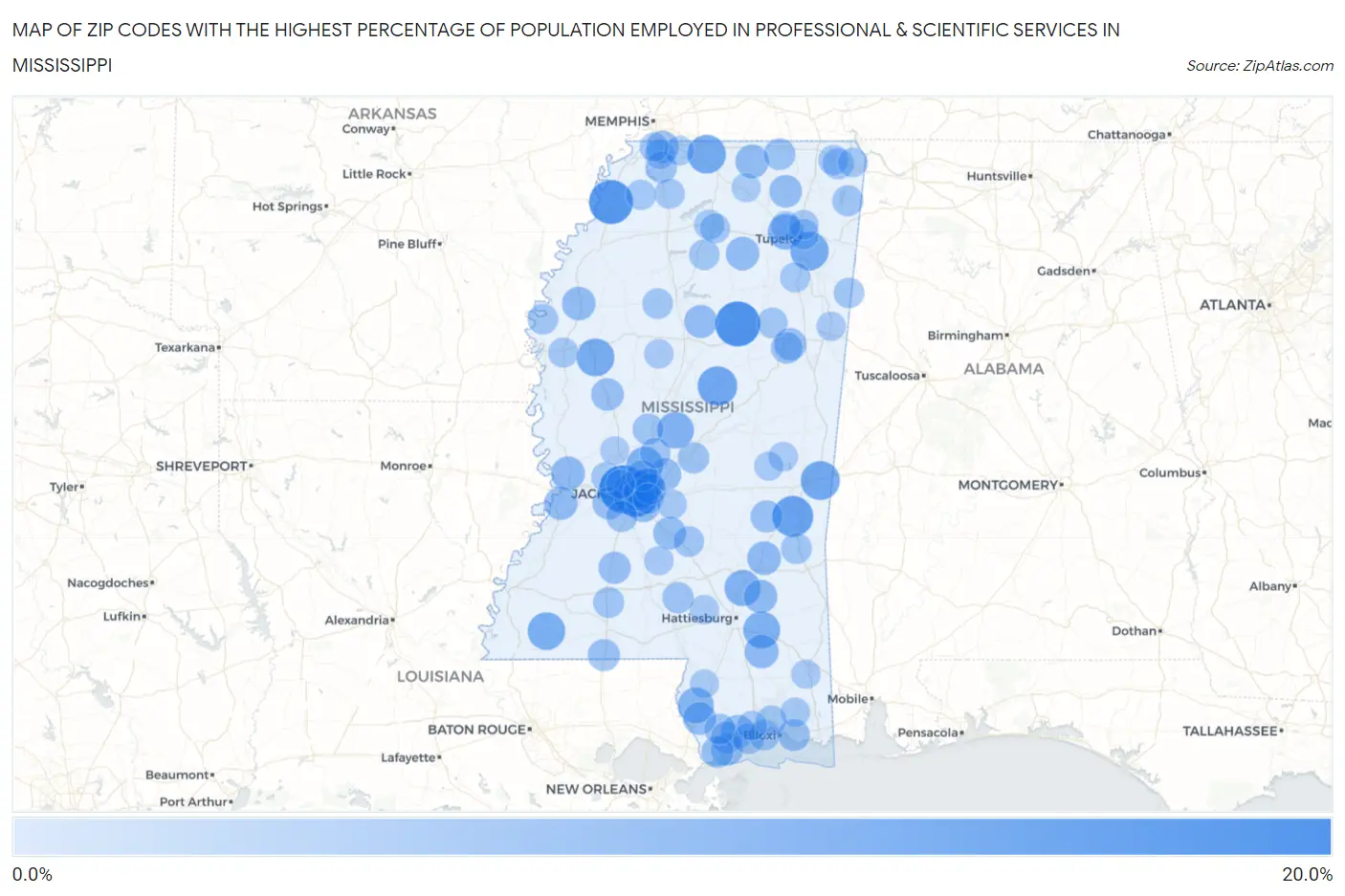 Zip Codes with the Highest Percentage of Population Employed in Professional & Scientific Services in Mississippi Map