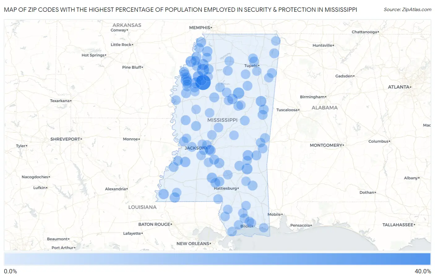 Zip Codes with the Highest Percentage of Population Employed in Security & Protection in Mississippi Map