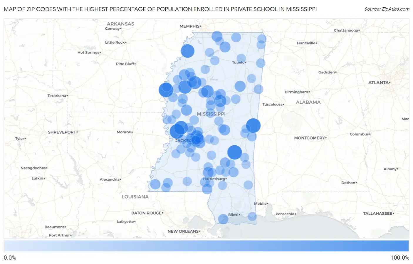 Zip Codes with the Highest Percentage of Population Enrolled in Private School in Mississippi Map