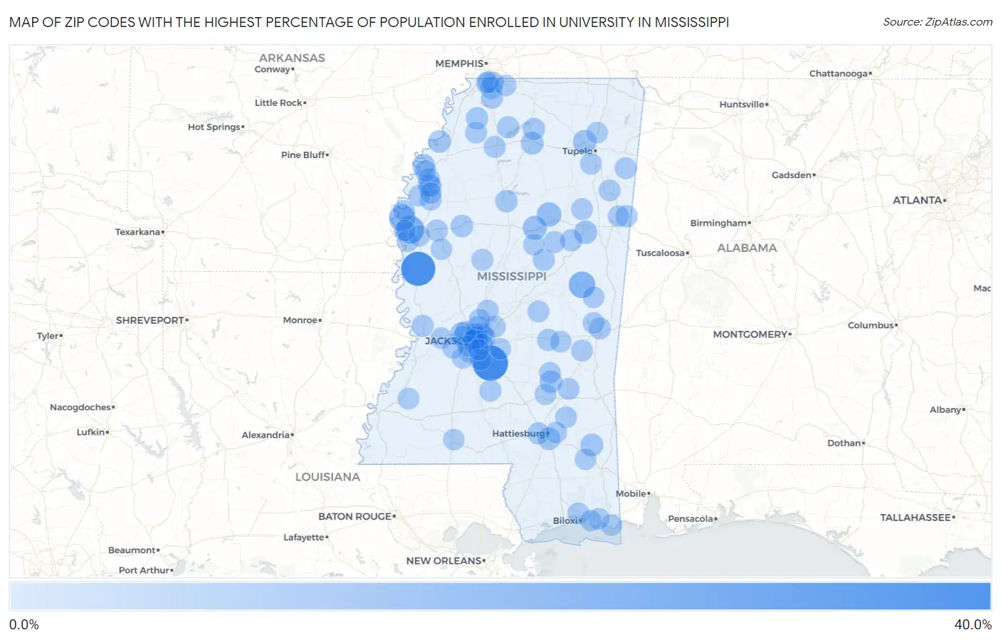 Zip Codes with the Highest Percentage of Population Enrolled in University in Mississippi Map