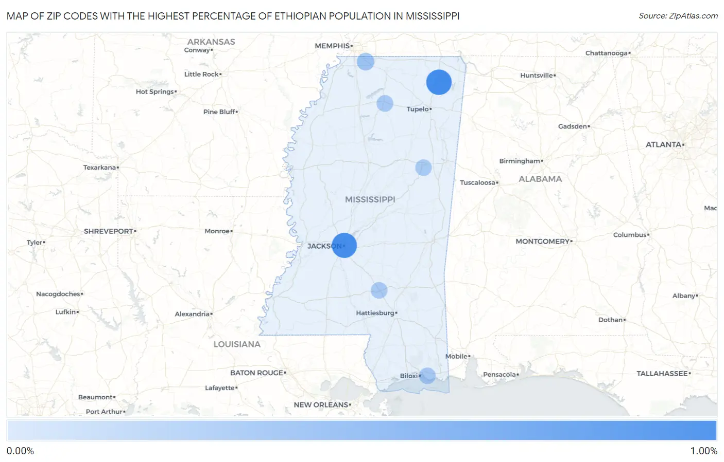 Zip Codes with the Highest Percentage of Ethiopian Population in Mississippi Map