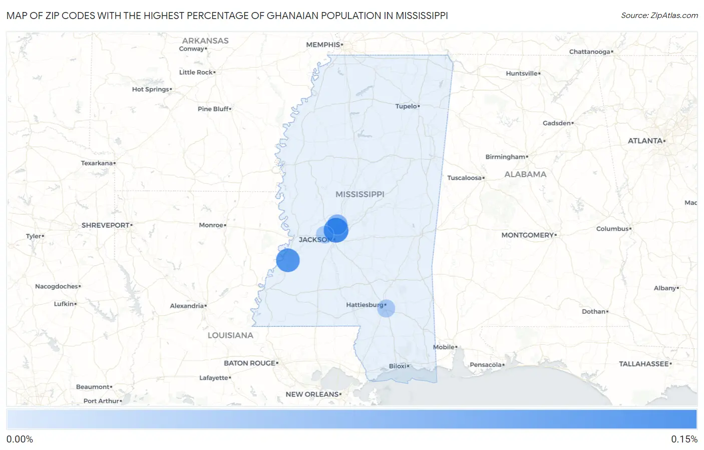 Zip Codes with the Highest Percentage of Ghanaian Population in Mississippi Map