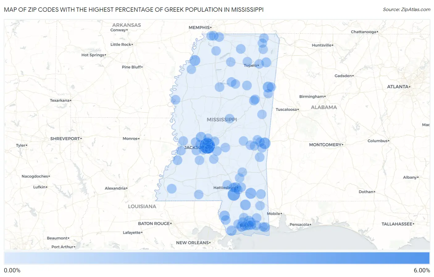 Zip Codes with the Highest Percentage of Greek Population in Mississippi Map