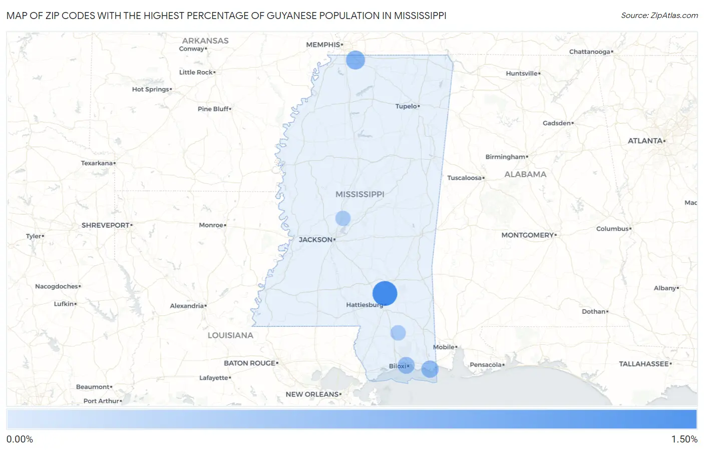 Zip Codes with the Highest Percentage of Guyanese Population in Mississippi Map