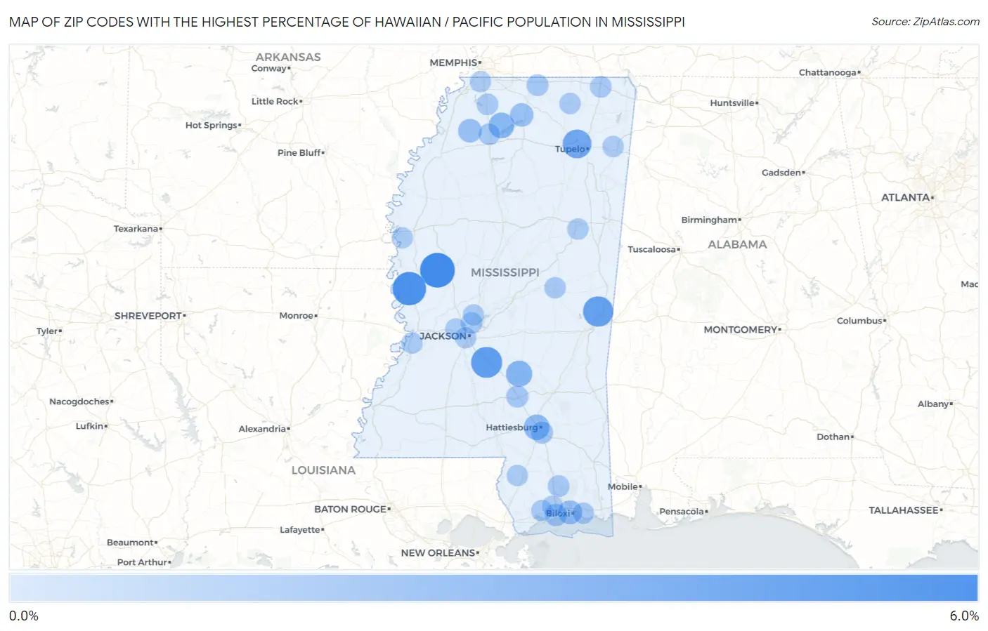 Zip Codes with the Highest Percentage of Hawaiian / Pacific Population in Mississippi Map