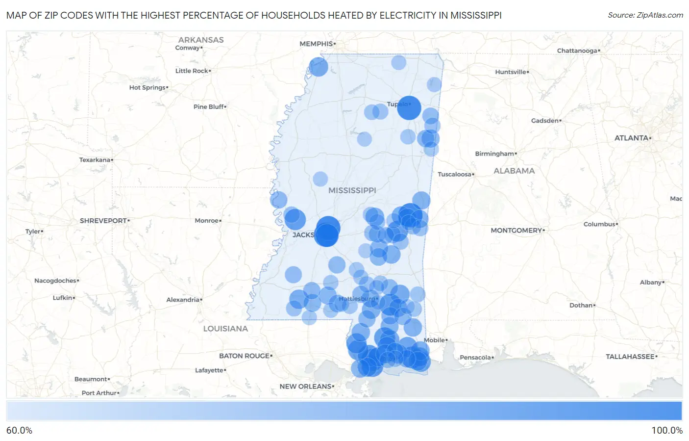 Zip Codes with the Highest Percentage of Households Heated by Electricity in Mississippi Map