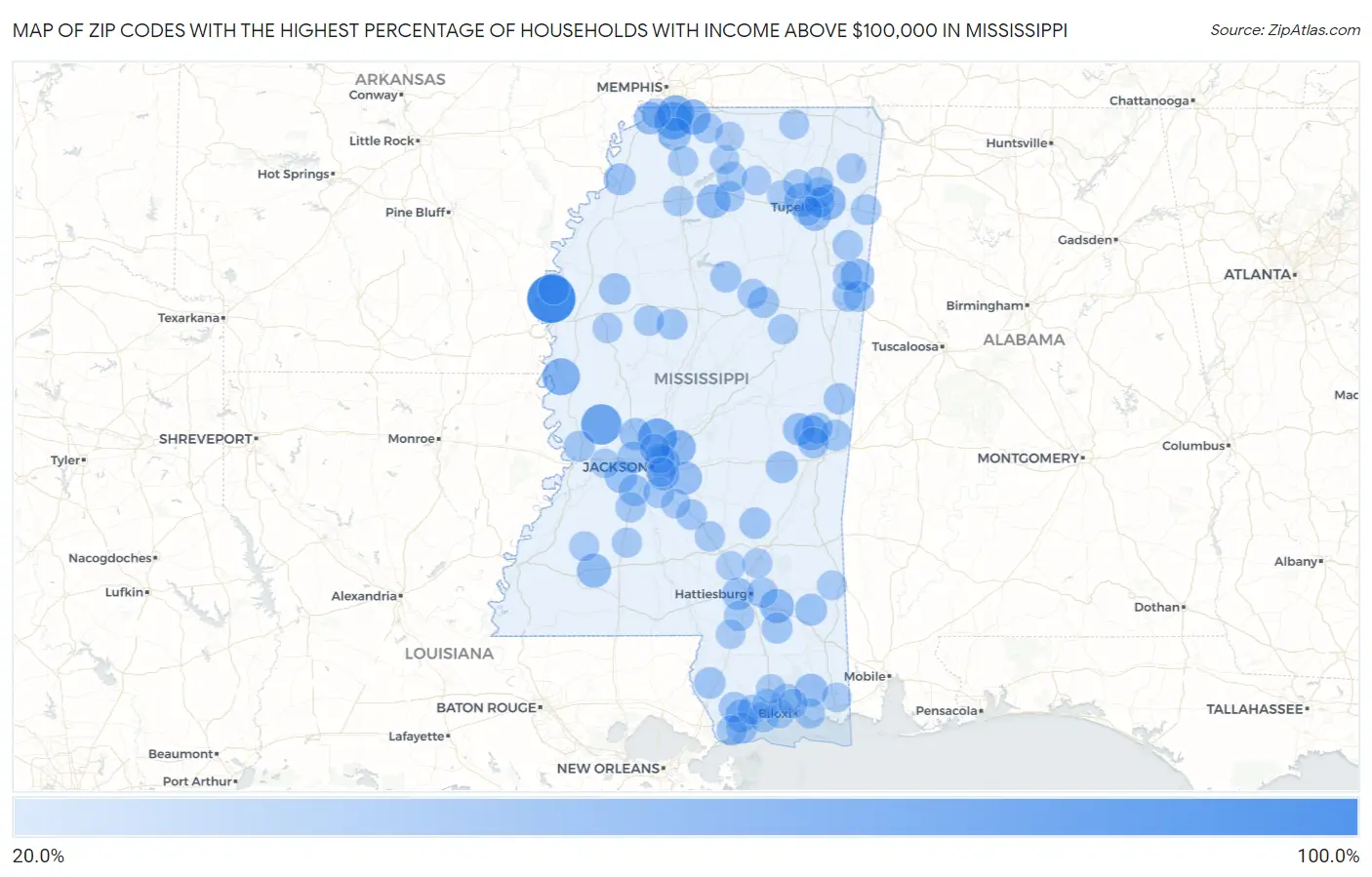 Zip Codes with the Highest Percentage of Households with Income Above $100,000 in Mississippi Map