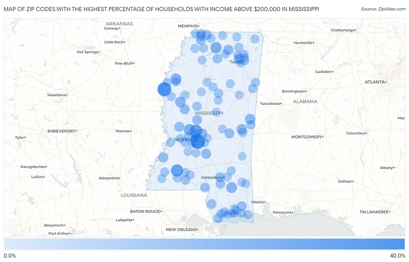 Zip Codes with the Highest Percentage of Households with Income Above $200,000 in Mississippi Map