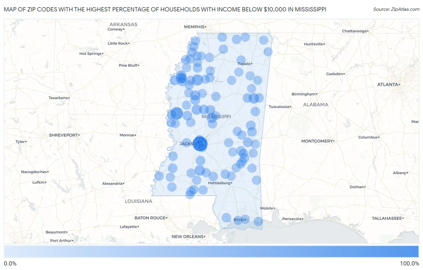 Zip Codes with the Highest Percentage of Households with Income Below $10,000 in Mississippi Map