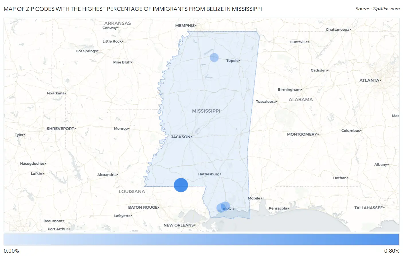 Zip Codes with the Highest Percentage of Immigrants from Belize in Mississippi Map