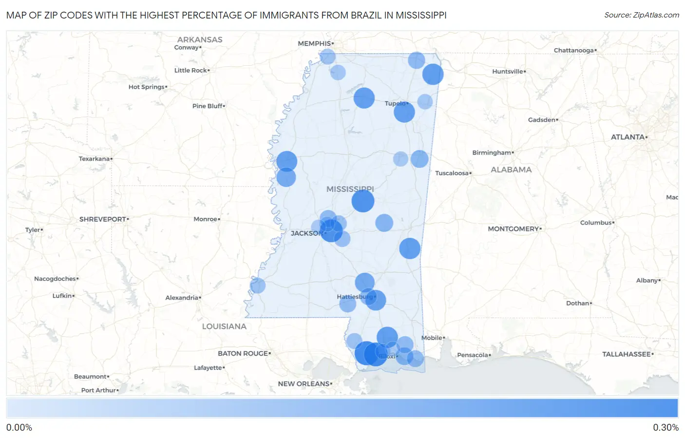 Zip Codes with the Highest Percentage of Immigrants from Brazil in Mississippi Map