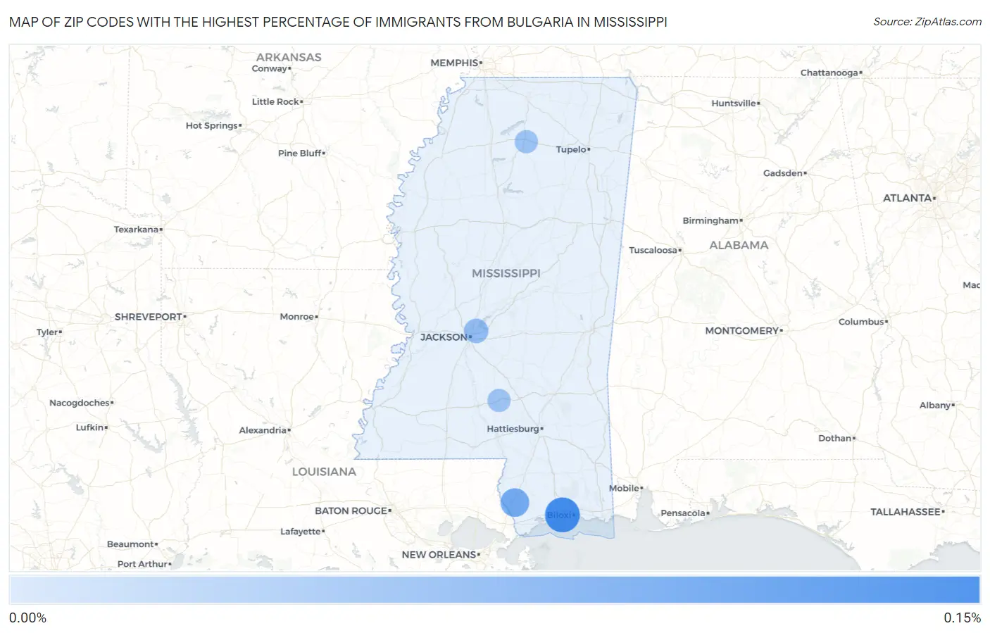 Zip Codes with the Highest Percentage of Immigrants from Bulgaria in Mississippi Map