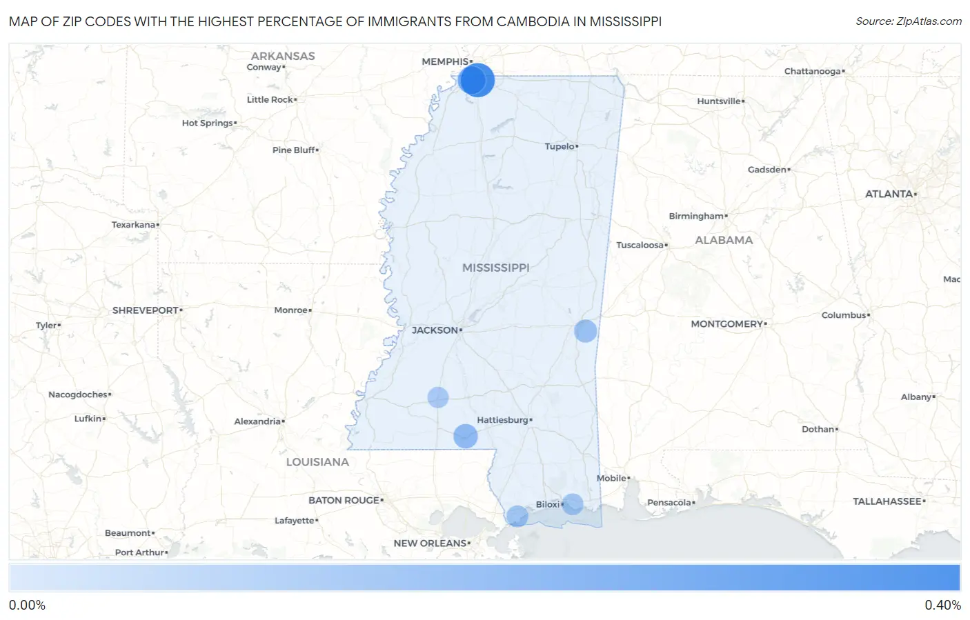 Zip Codes with the Highest Percentage of Immigrants from Cambodia in Mississippi Map