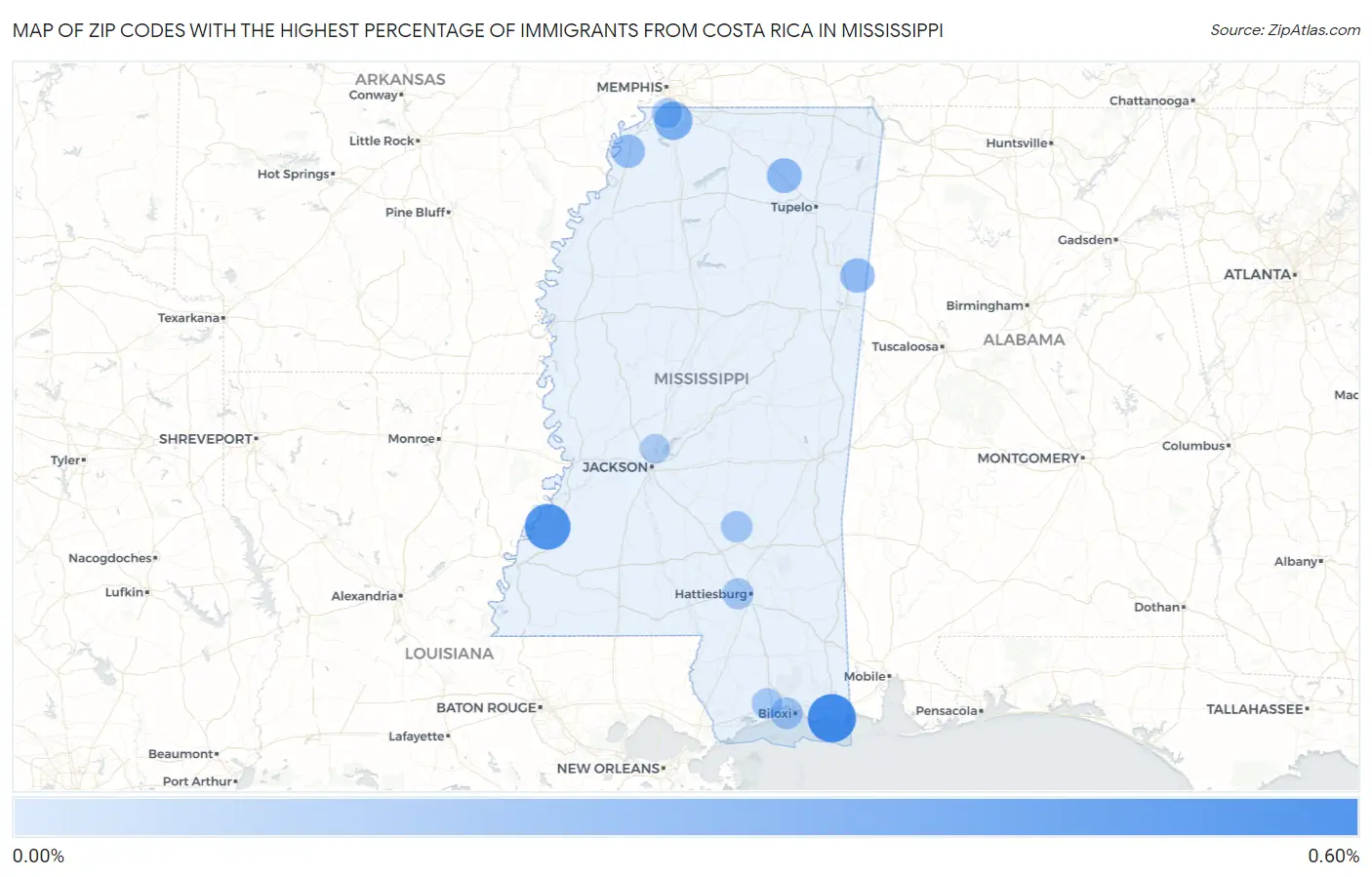 Zip Codes with the Highest Percentage of Immigrants from Costa Rica in Mississippi Map