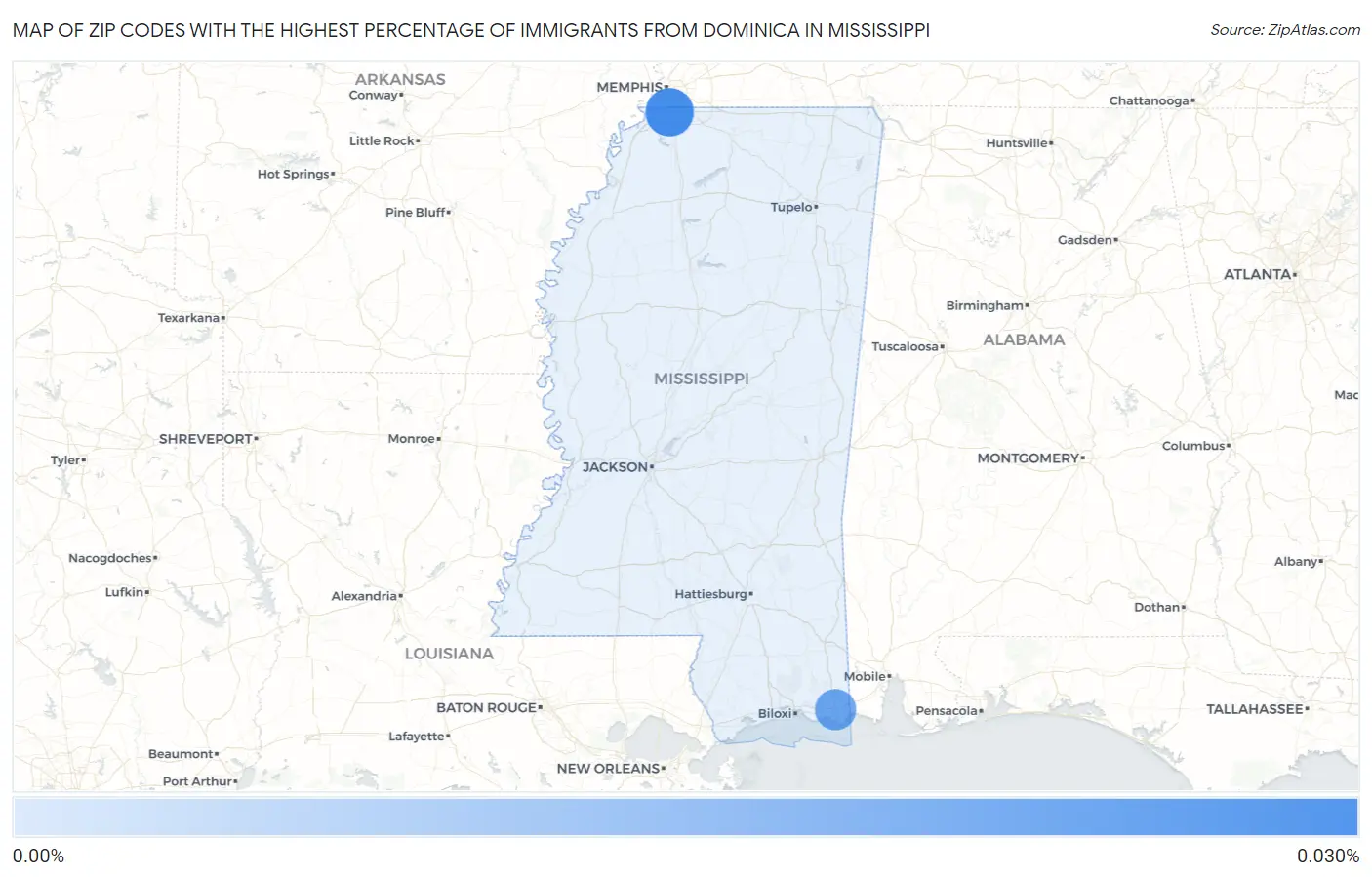 Zip Codes with the Highest Percentage of Immigrants from Dominica in Mississippi Map