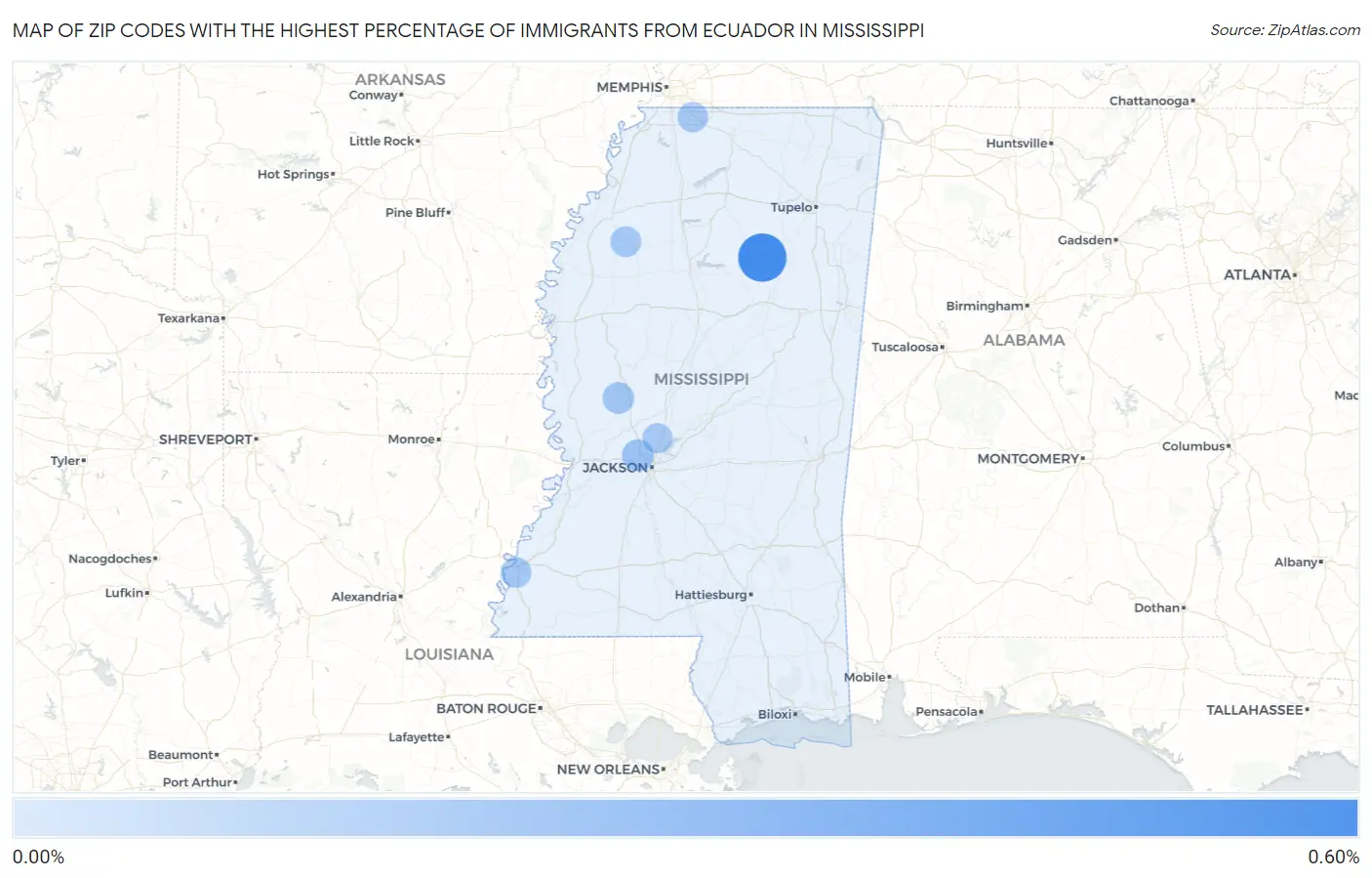 Zip Codes with the Highest Percentage of Immigrants from Ecuador in Mississippi Map
