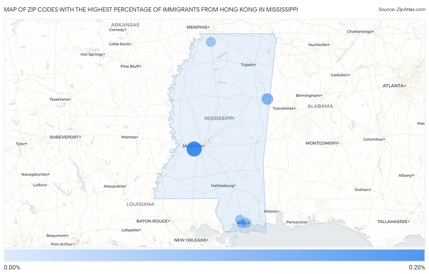 Zip Codes with the Highest Percentage of Immigrants from Hong Kong in Mississippi Map
