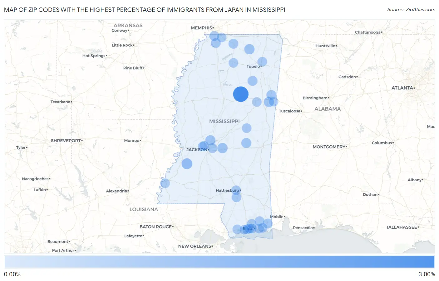 Zip Codes with the Highest Percentage of Immigrants from Japan in Mississippi Map
