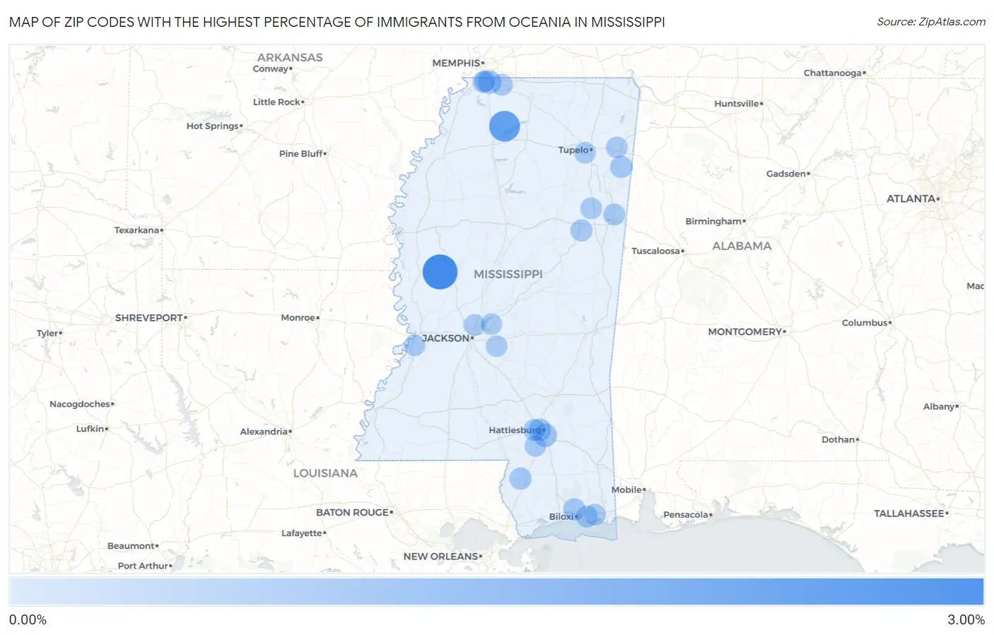 Zip Codes with the Highest Percentage of Immigrants from Oceania in Mississippi Map