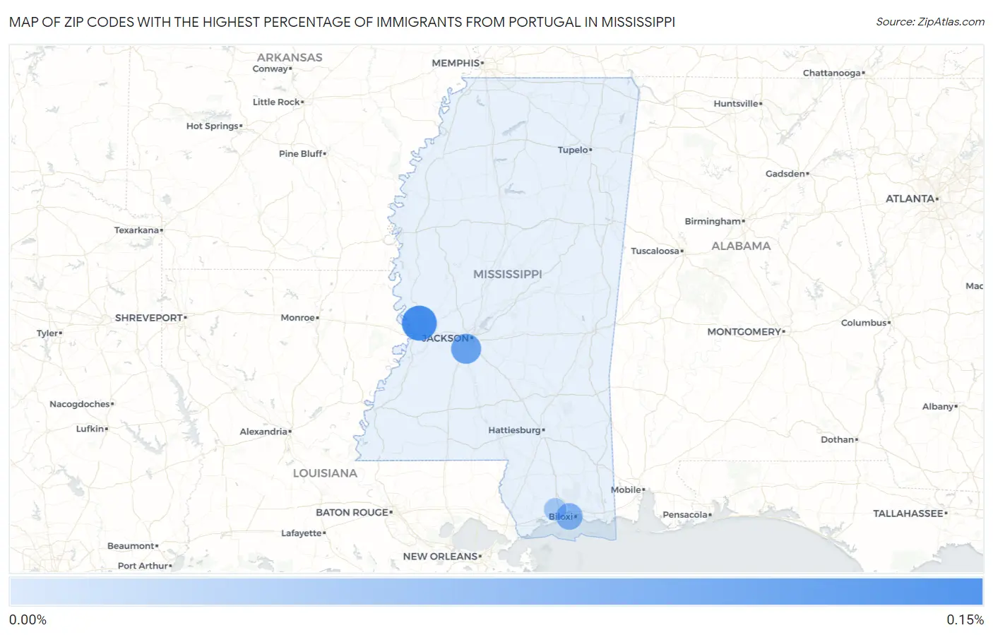 Zip Codes with the Highest Percentage of Immigrants from Portugal in Mississippi Map