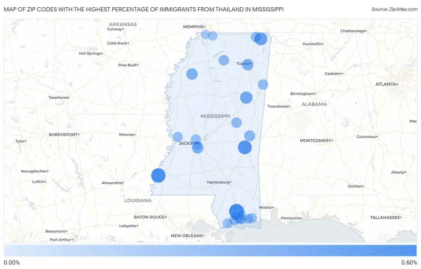 Zip Codes with the Highest Percentage of Immigrants from Thailand in Mississippi Map