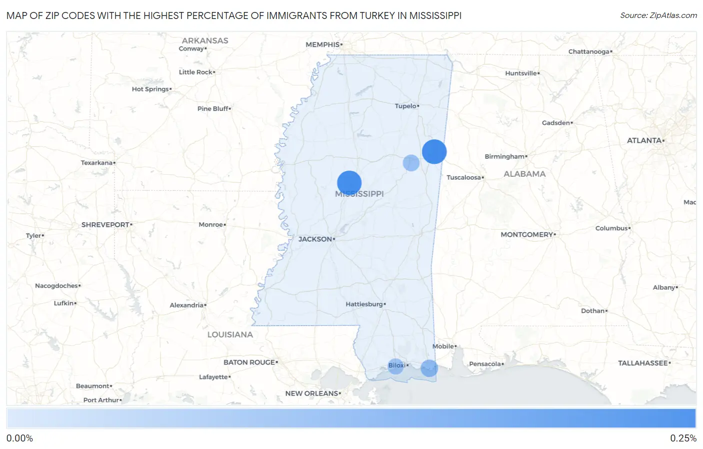 Zip Codes with the Highest Percentage of Immigrants from Turkey in Mississippi Map
