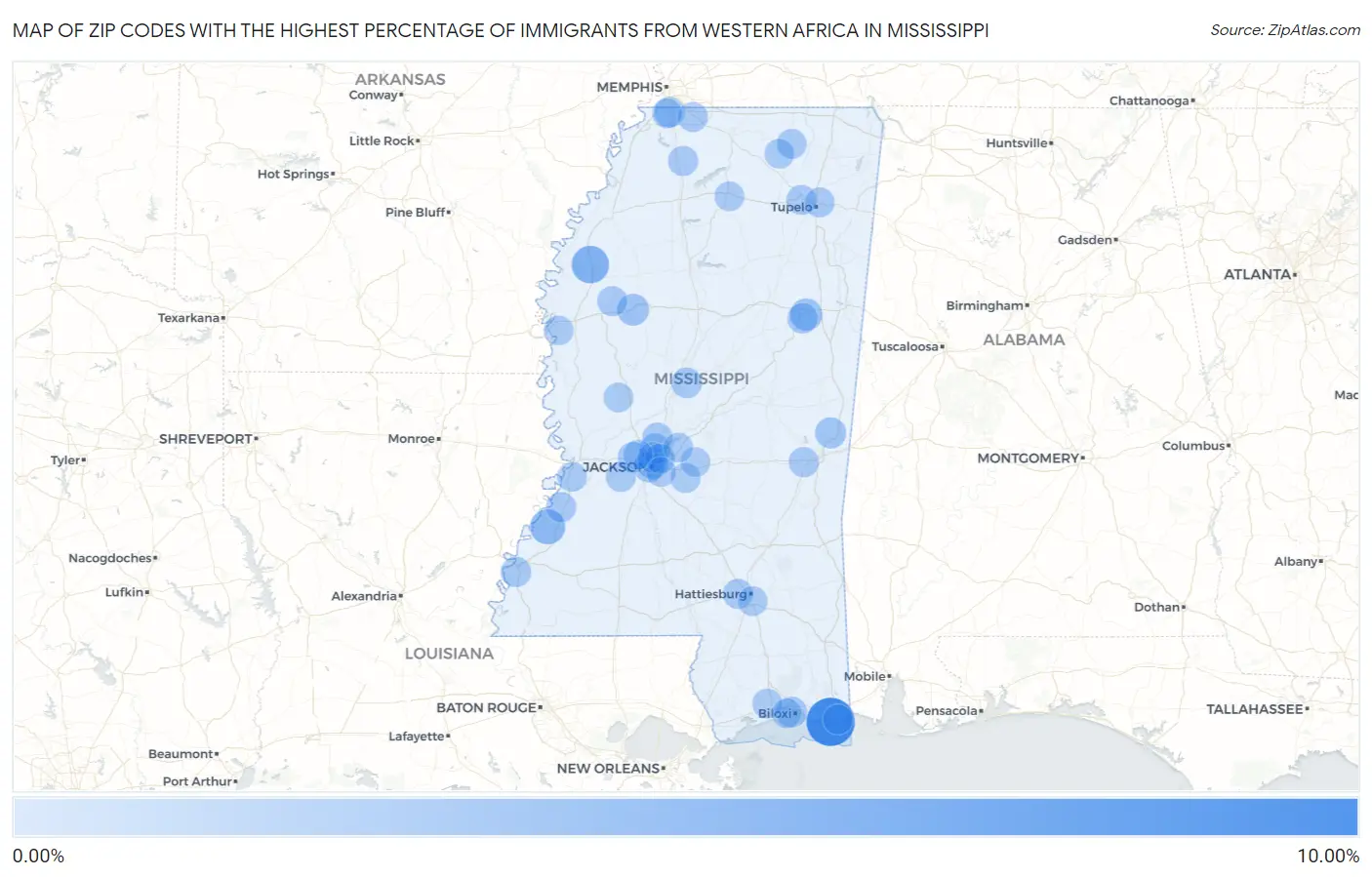 Zip Codes with the Highest Percentage of Immigrants from Western Africa in Mississippi Map