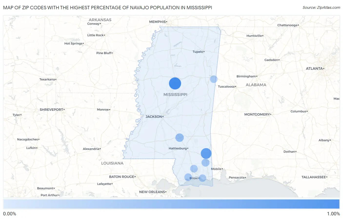 Zip Codes with the Highest Percentage of Navajo Population in Mississippi Map