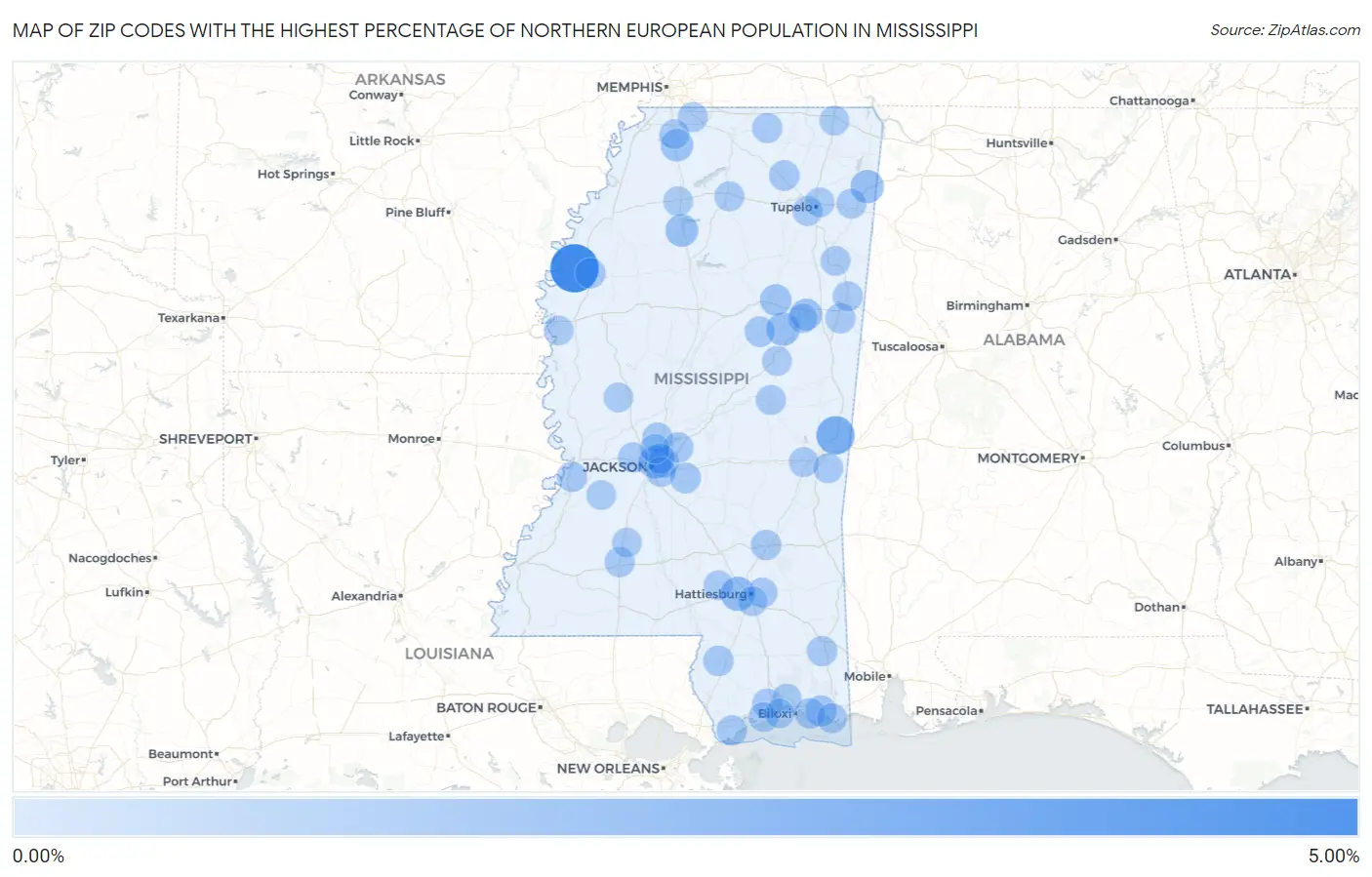 Zip Codes with the Highest Percentage of Northern European Population in Mississippi Map