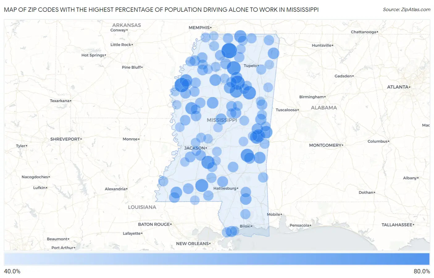 Zip Codes with the Highest Percentage of Population Driving Alone to Work in Mississippi Map