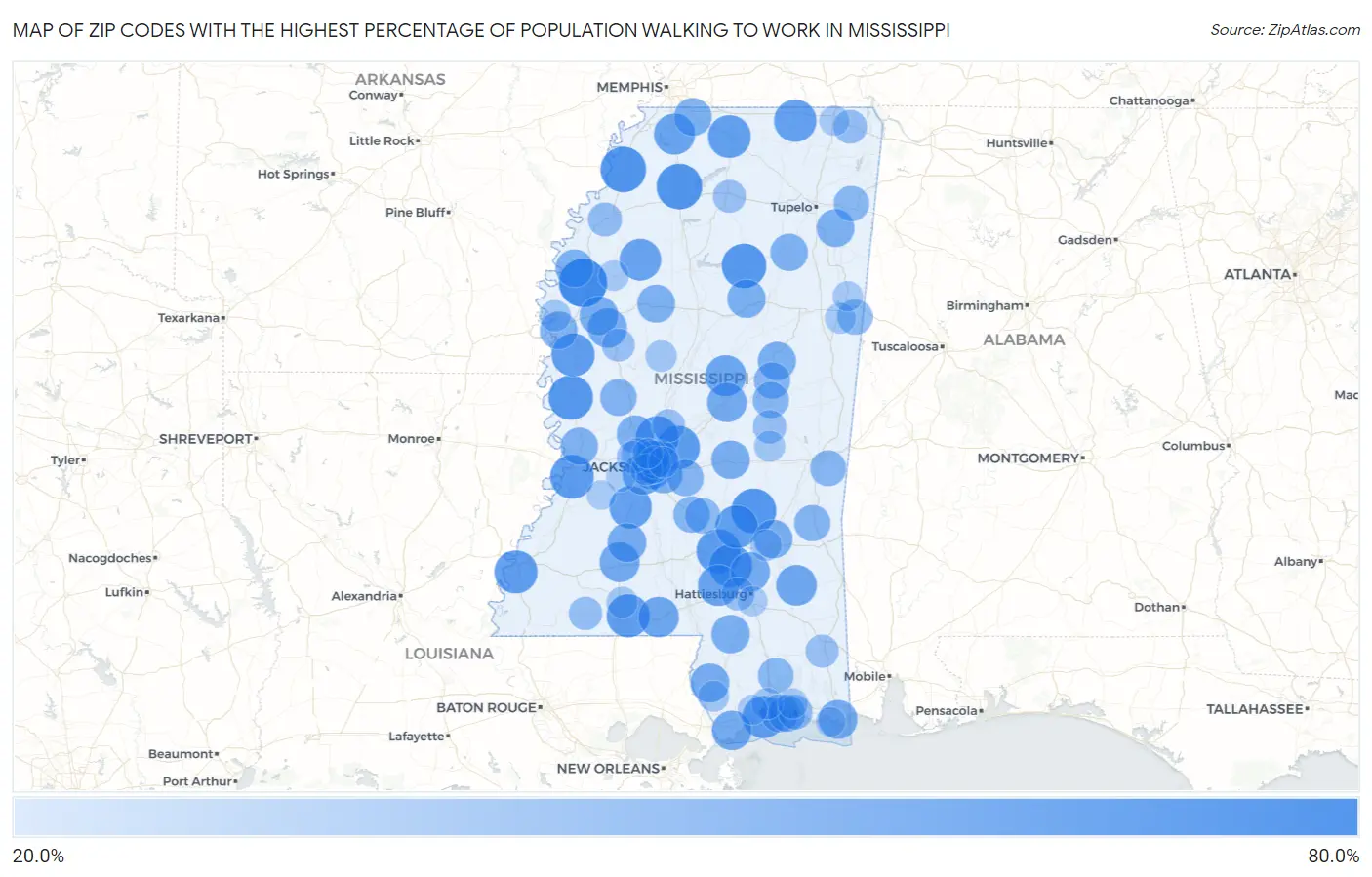Zip Codes with the Highest Percentage of Population Walking to Work in Mississippi Map