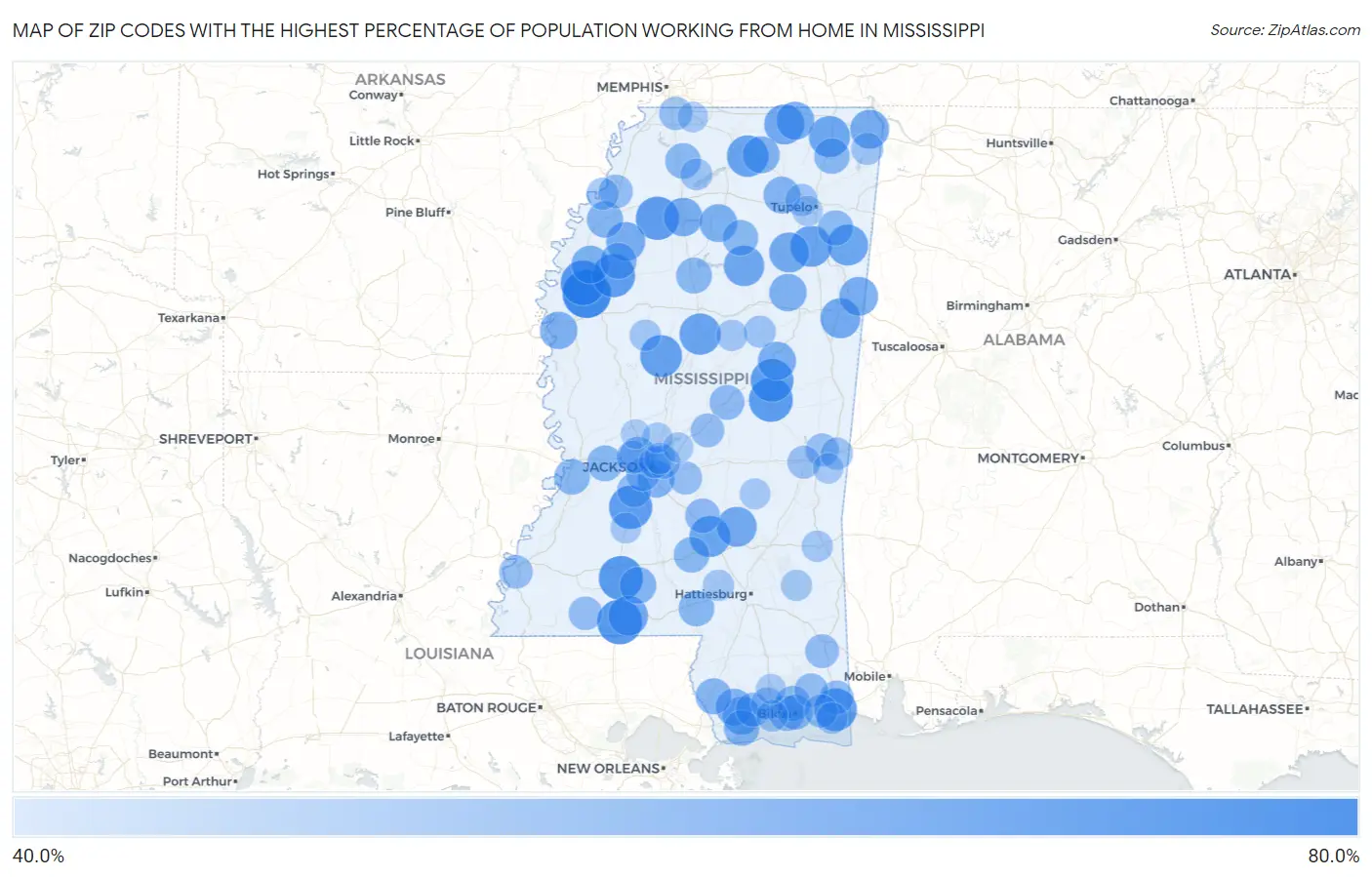 Zip Codes with the Highest Percentage of Population Working from Home in Mississippi Map