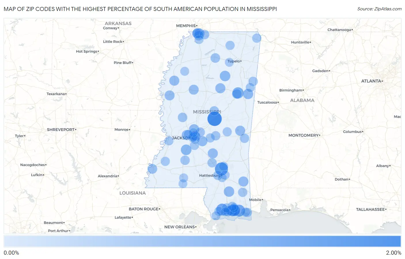 Zip Codes with the Highest Percentage of South American Population in Mississippi Map