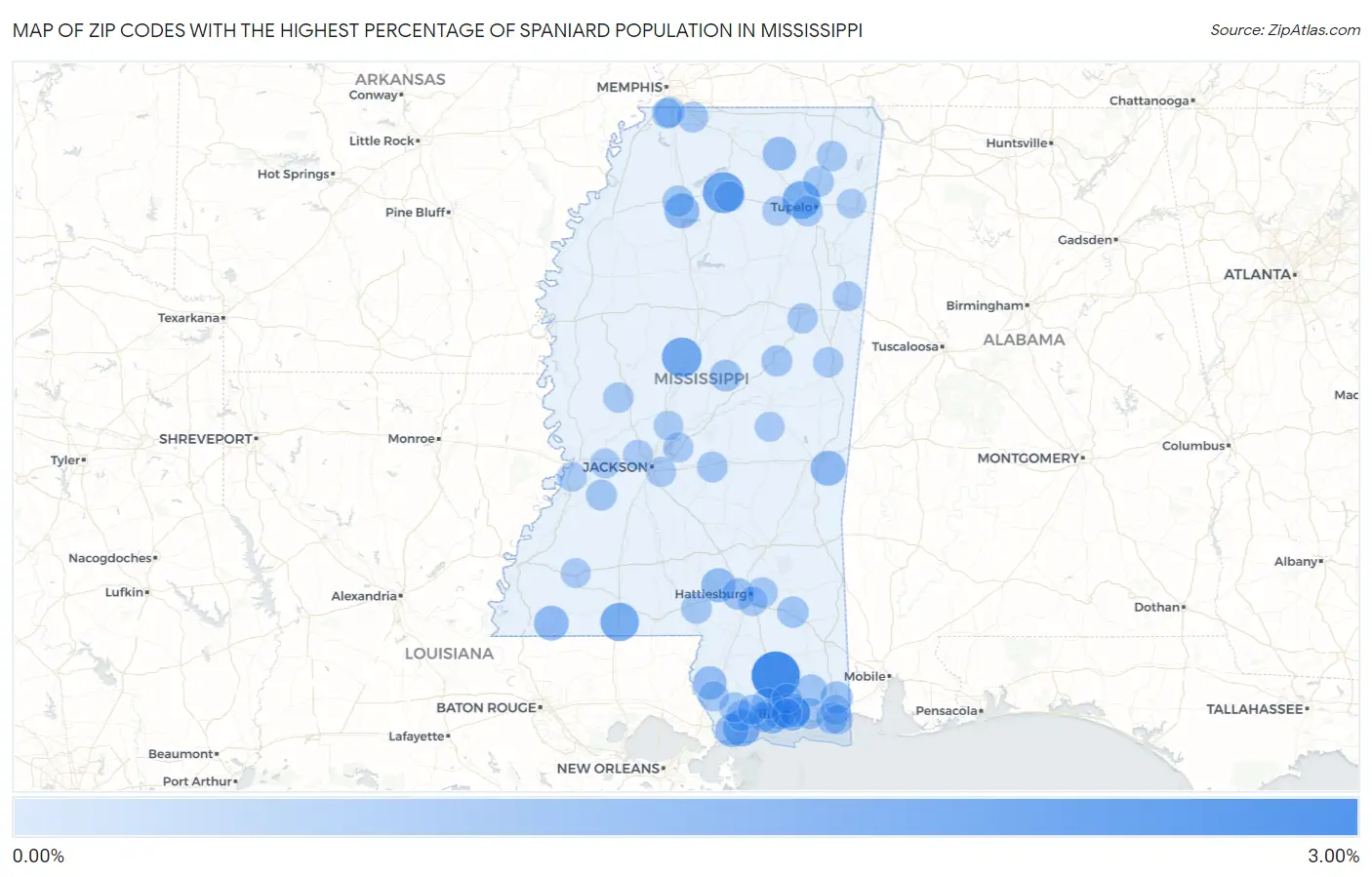 Zip Codes with the Highest Percentage of Spaniard Population in Mississippi Map