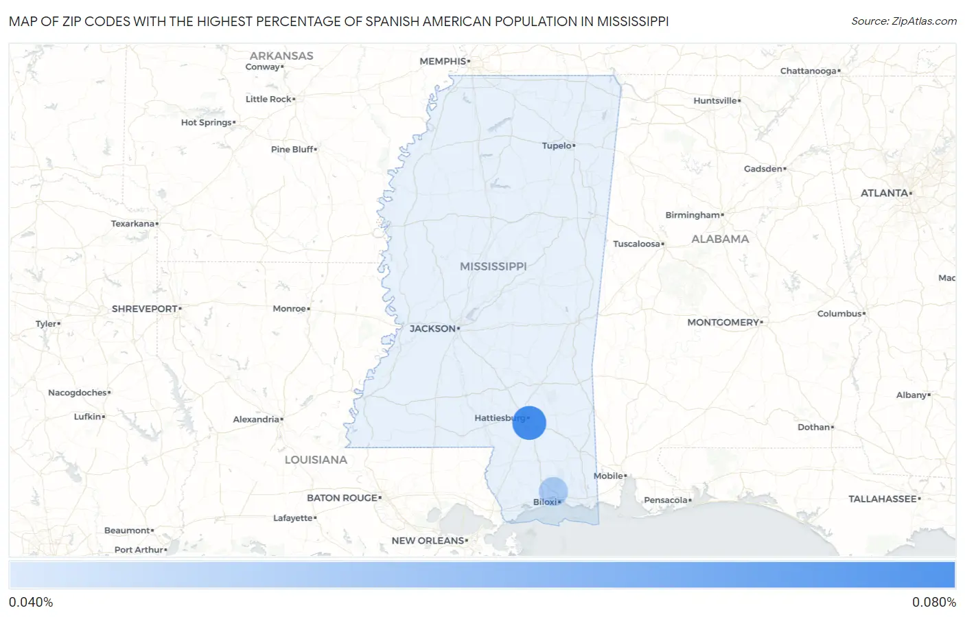 Zip Codes with the Highest Percentage of Spanish American Population in Mississippi Map
