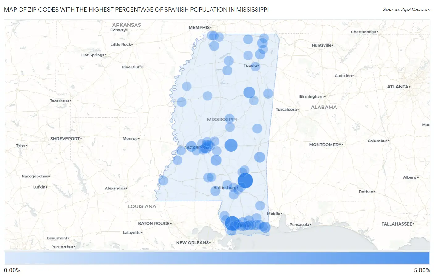 Zip Codes with the Highest Percentage of Spanish Population in Mississippi Map