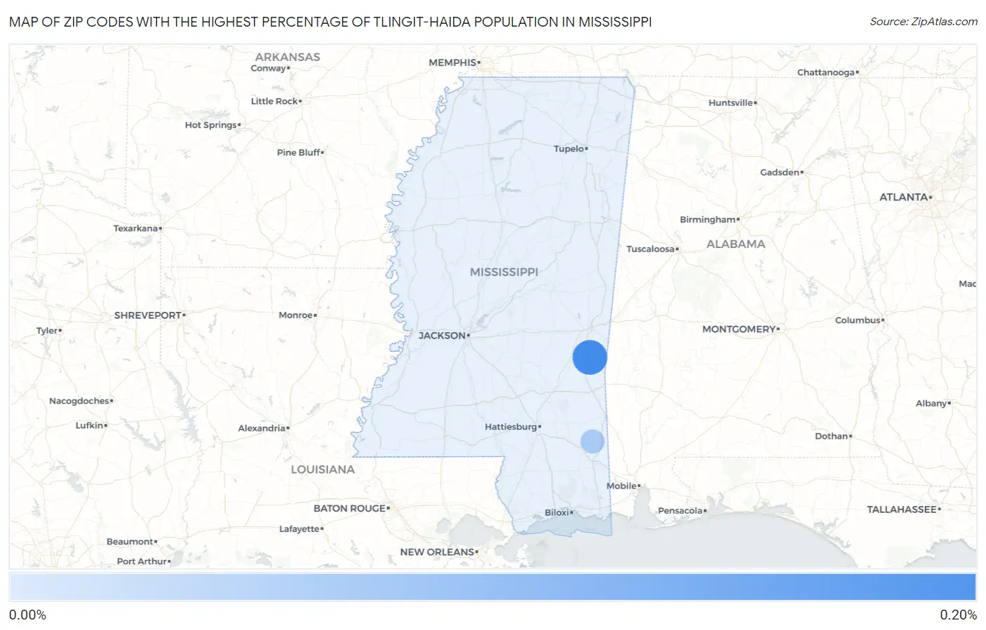Zip Codes with the Highest Percentage of Tlingit-Haida Population in Mississippi Map