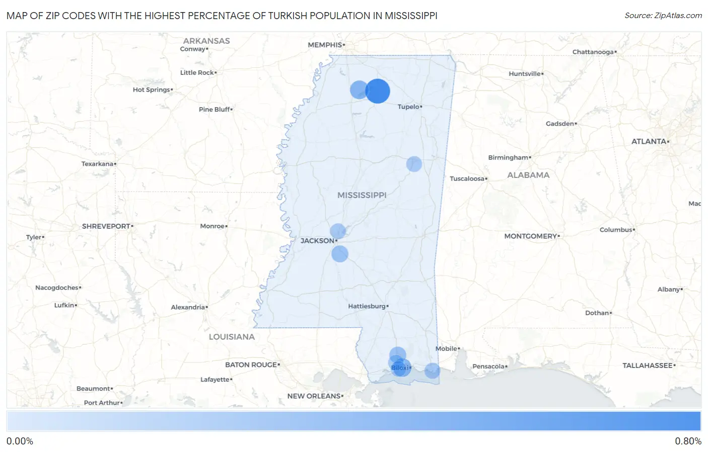 Zip Codes with the Highest Percentage of Turkish Population in Mississippi Map
