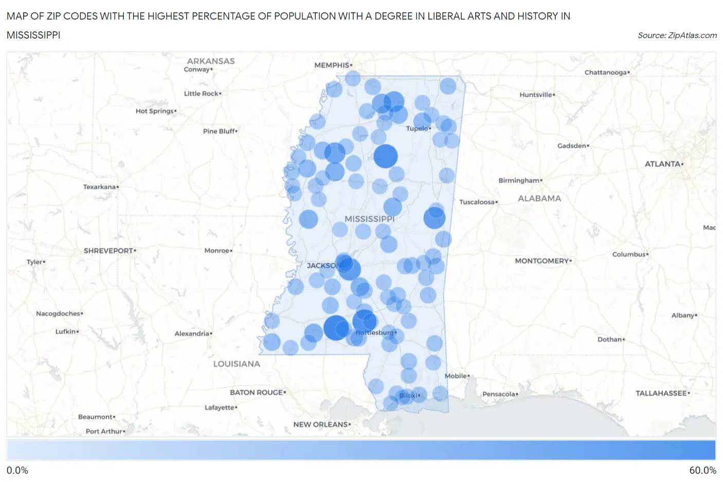Zip Codes with the Highest Percentage of Population with a Degree in Liberal Arts and History in Mississippi Map